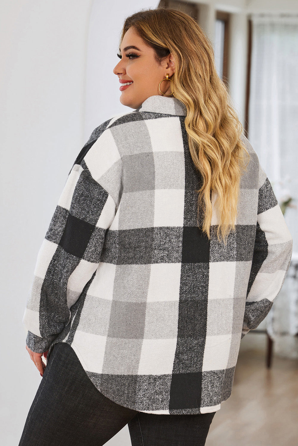 plus size plaid button up collared neck jacket