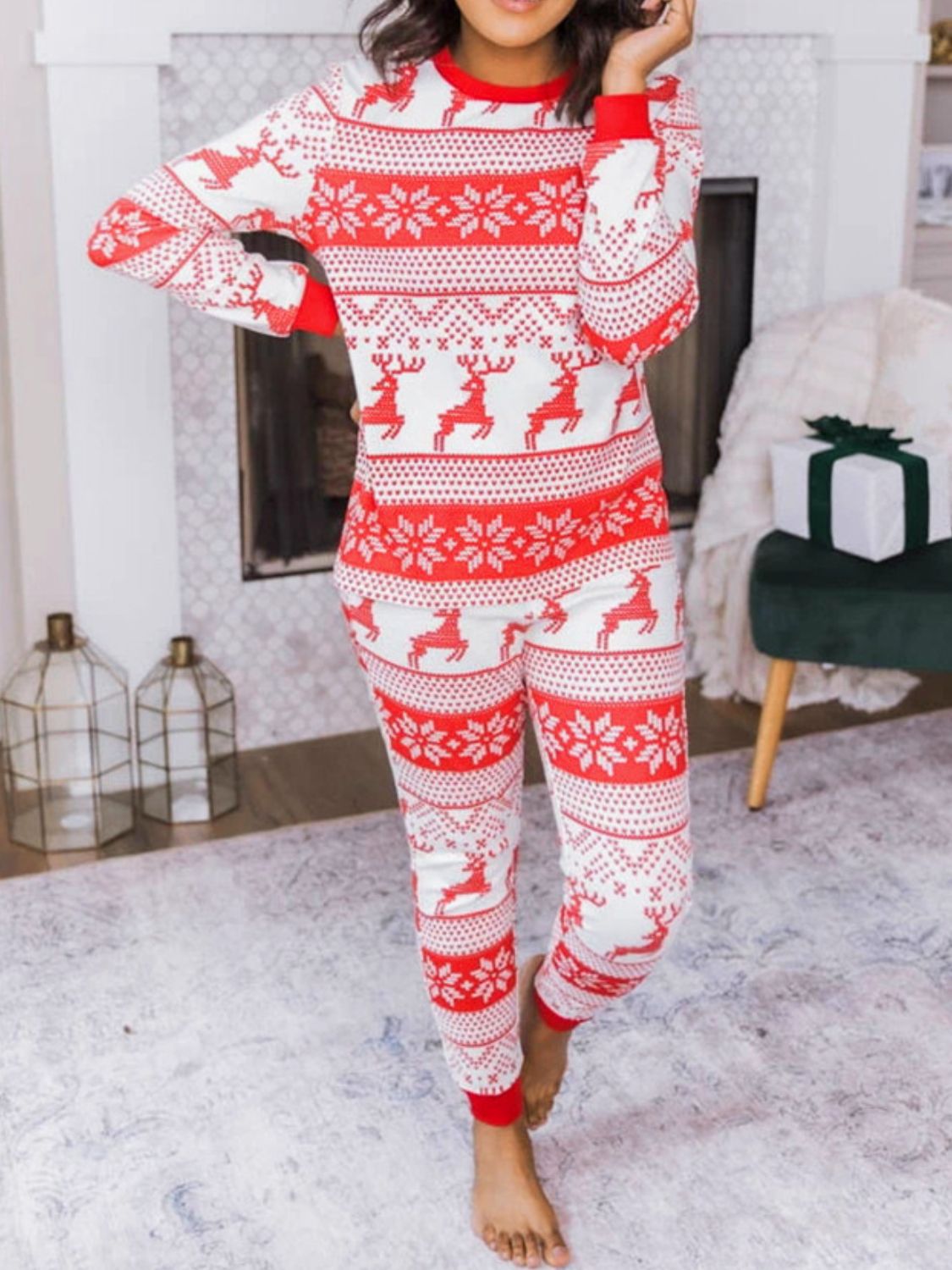 full size christmas element round neck top and pants set