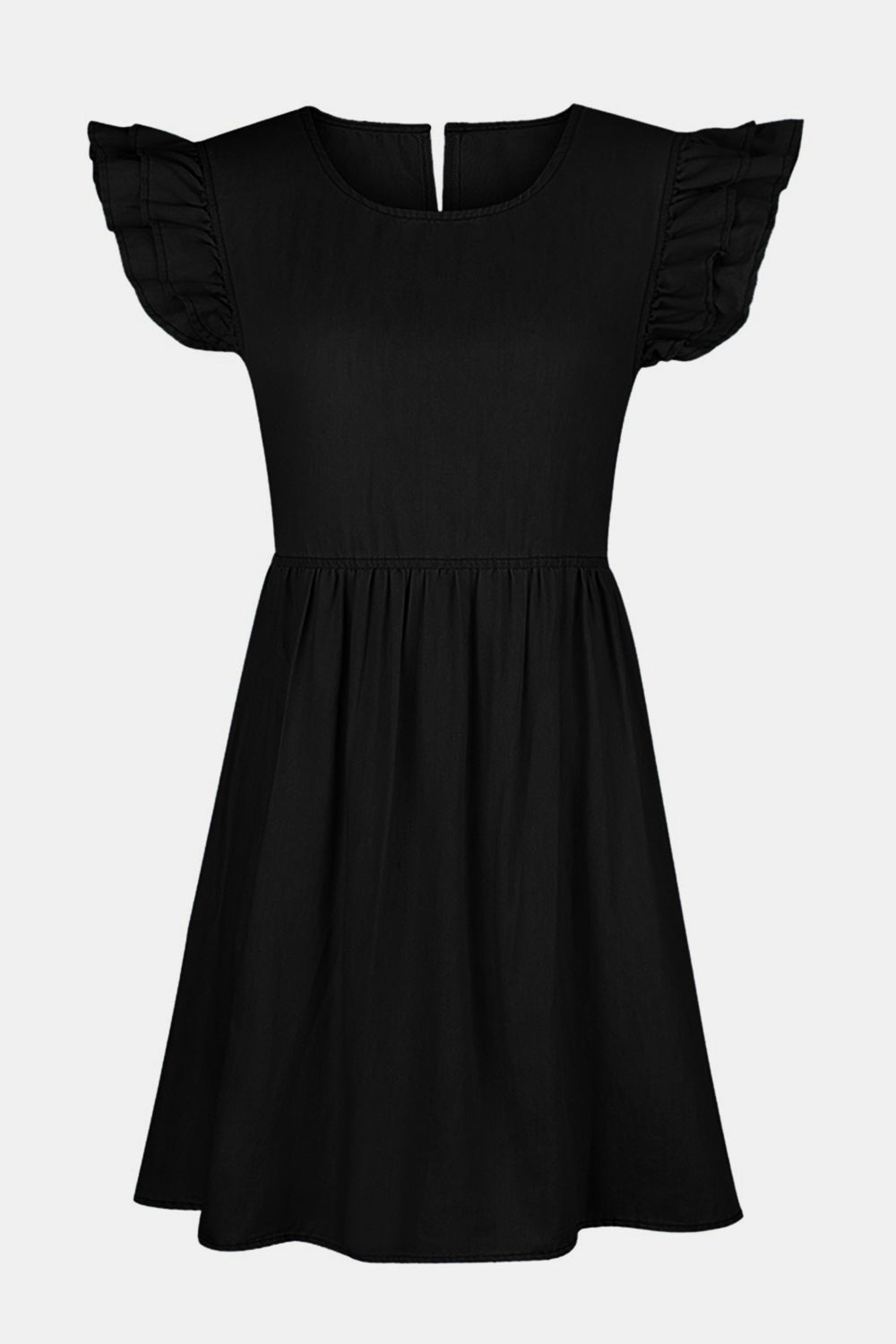 full size ruffled round neck cap sleeve denim dress