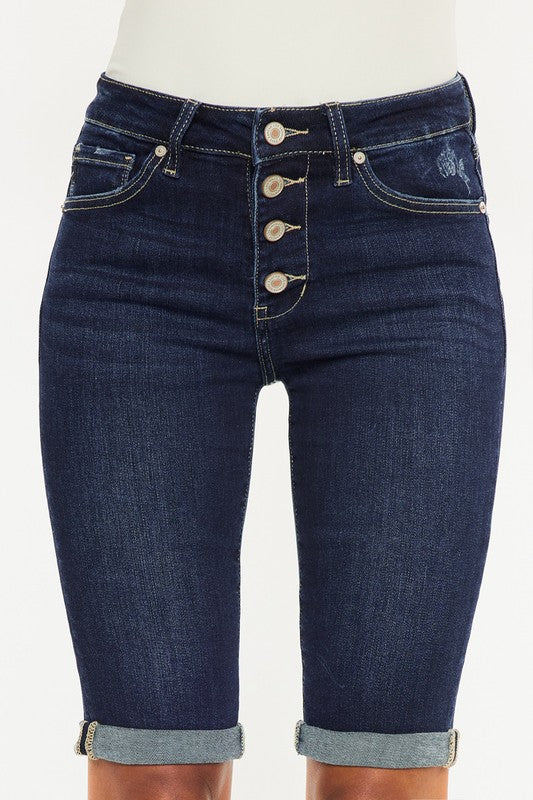 high rise button down cuffed bermuda jeans