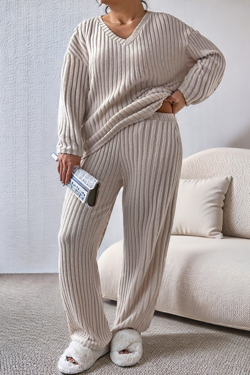 plus size ribbed v-neck drop shoulder top and pants set