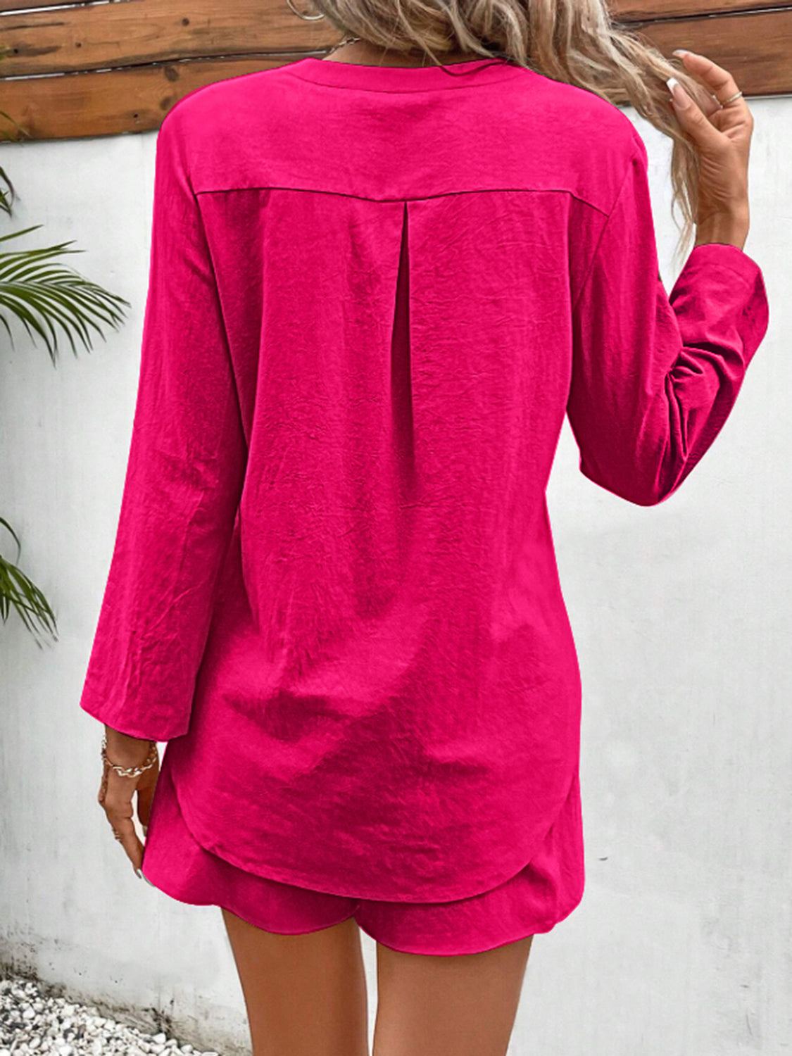 notched long sleeve top and shorts set