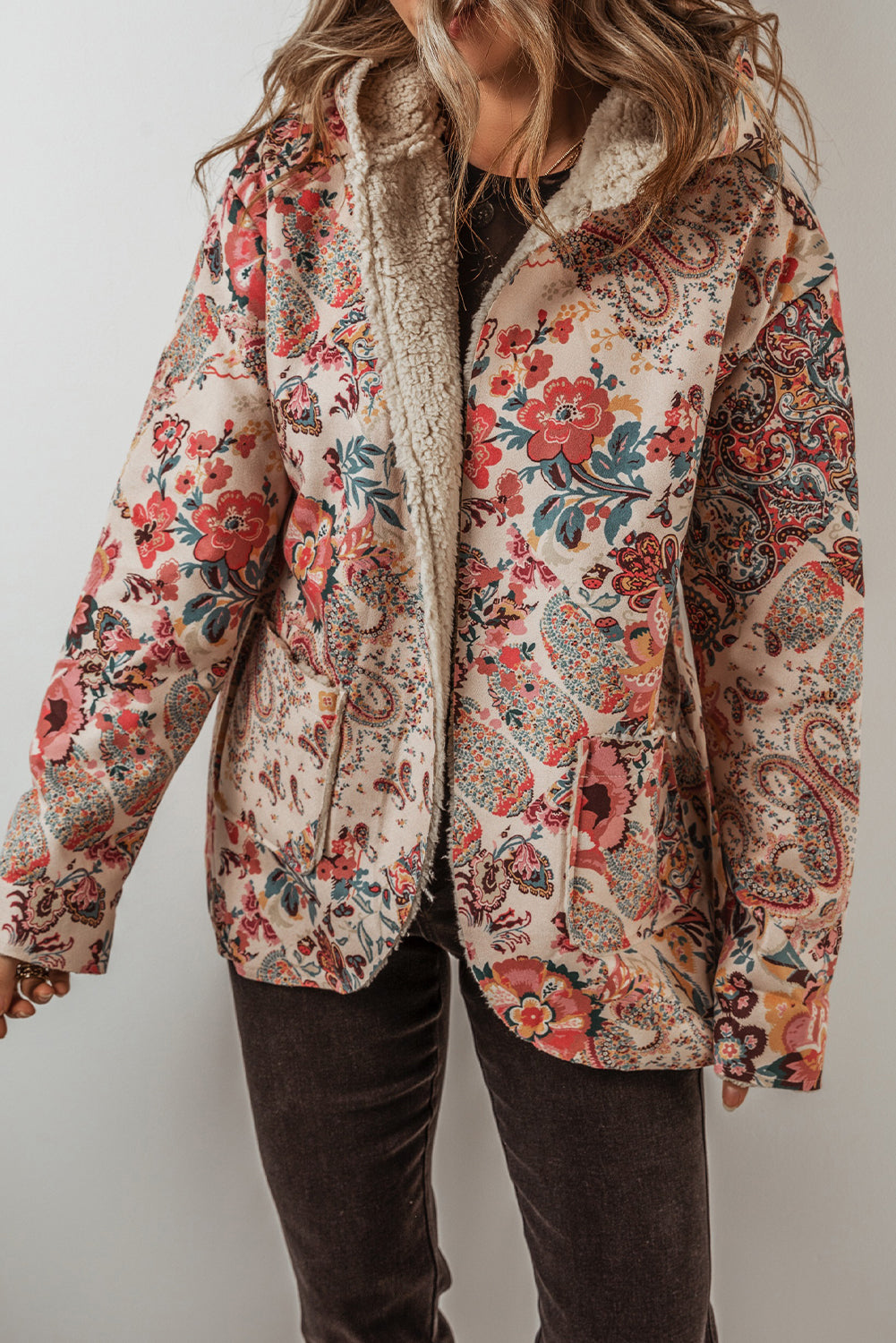 beige vintage paisley floral printed sherpa lined hooded jacket