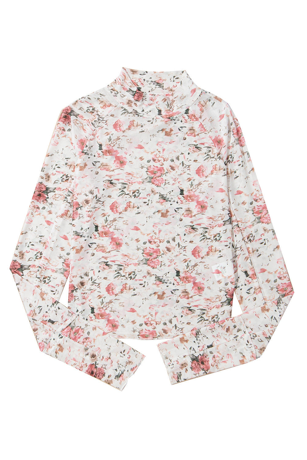pink floral long sleeve high neck sheath mesh top