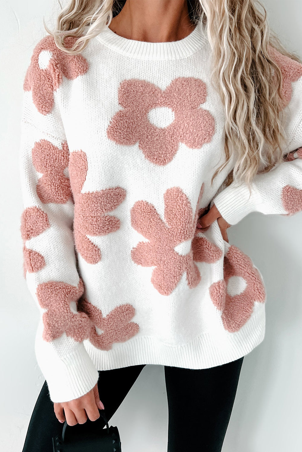 white textured flower drop shoulder loose sweater