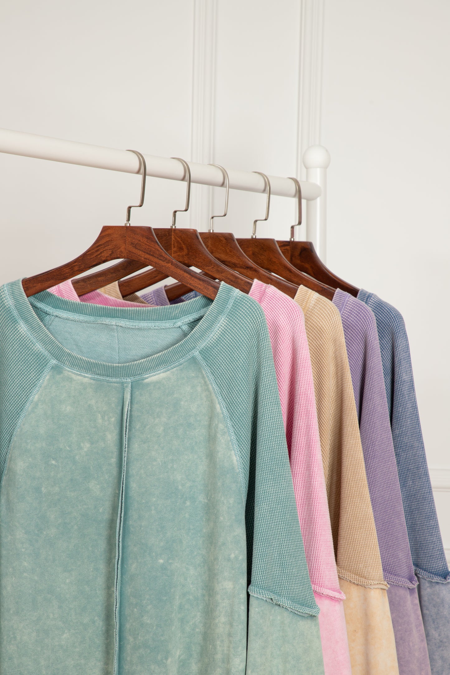 mineral blue solid waffle knit patchwork raglan sleeve sweatshirt