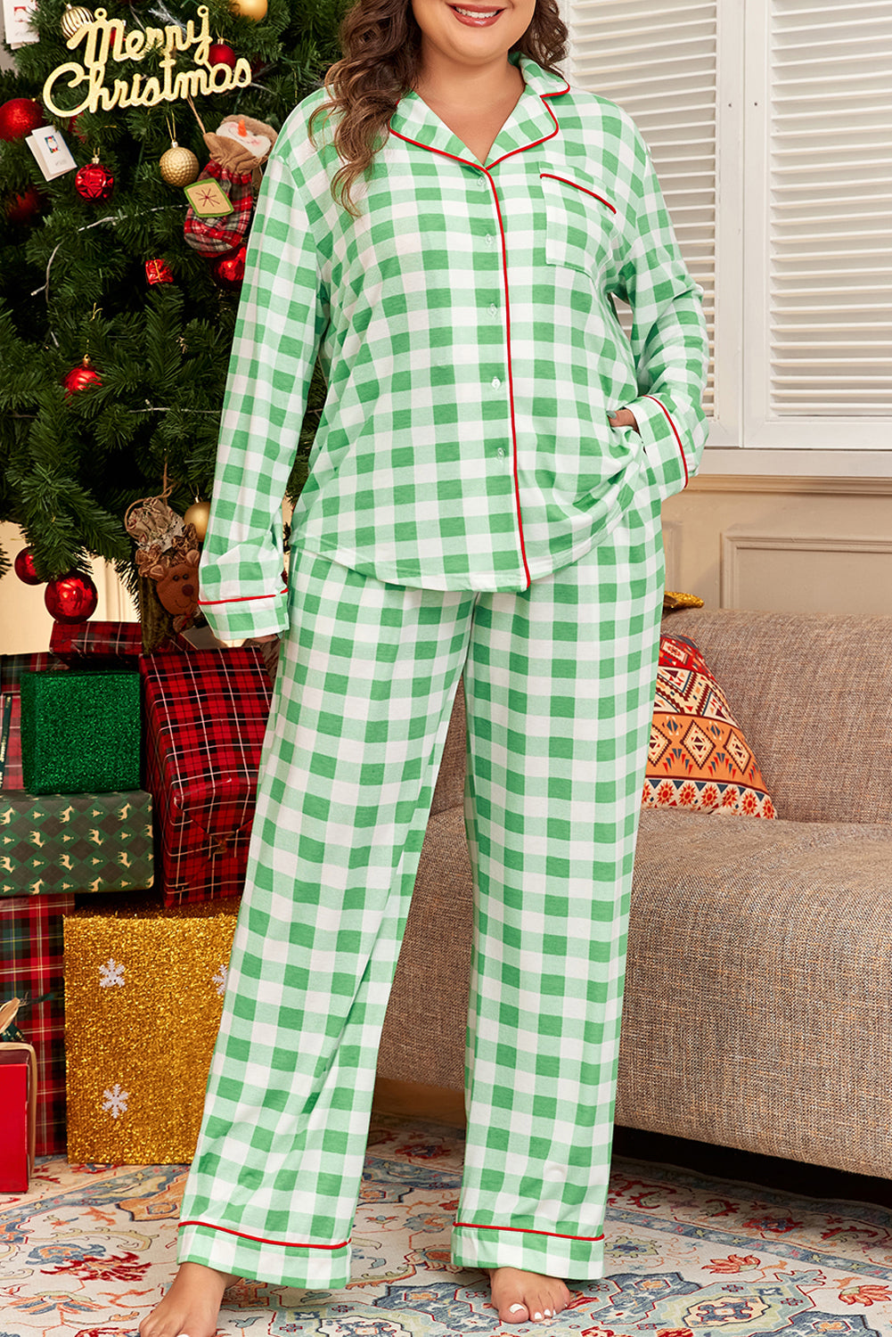 green plaid print contrast trim long sleeve plus size pajama set