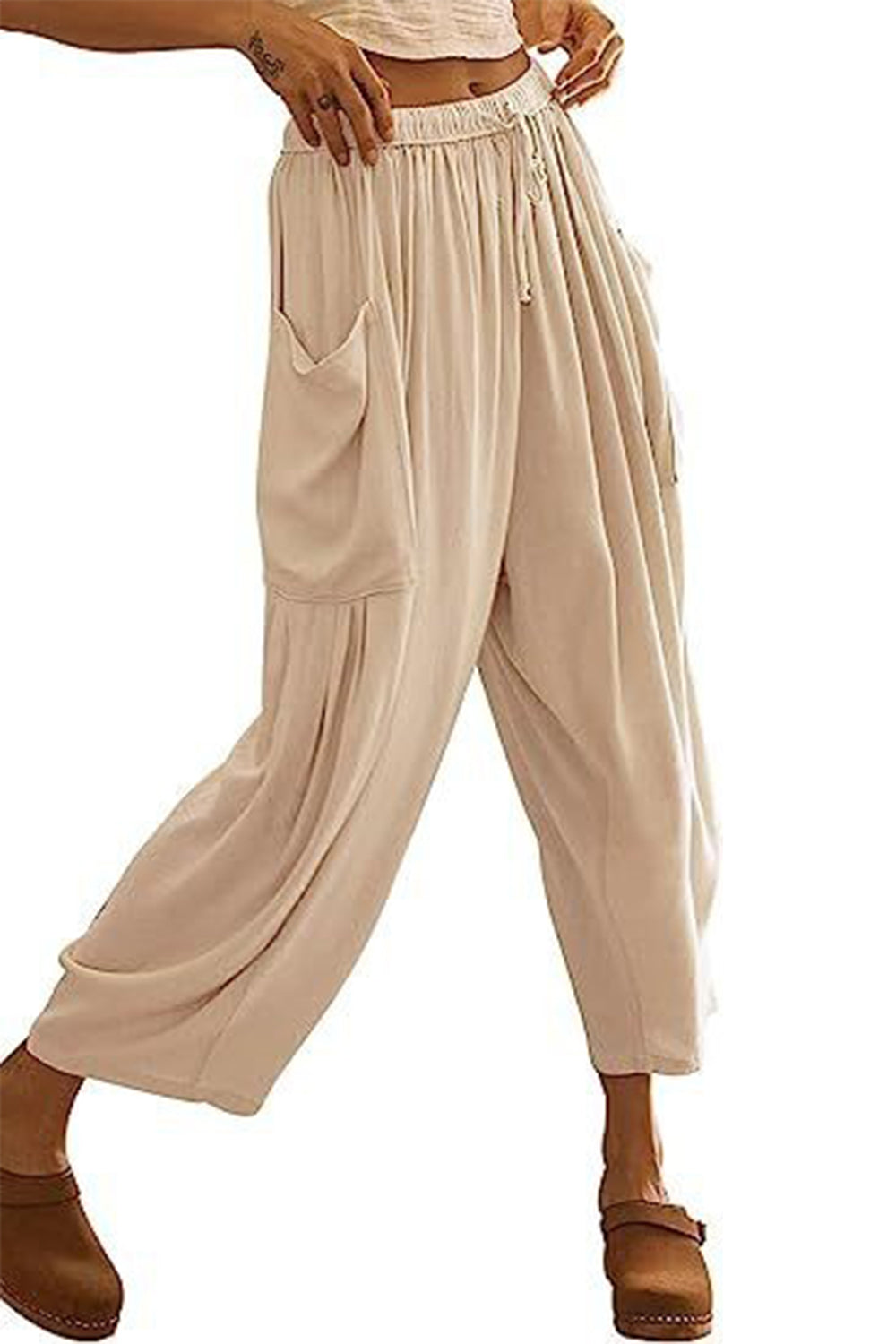 full size pocketed drawstring wide leg pants