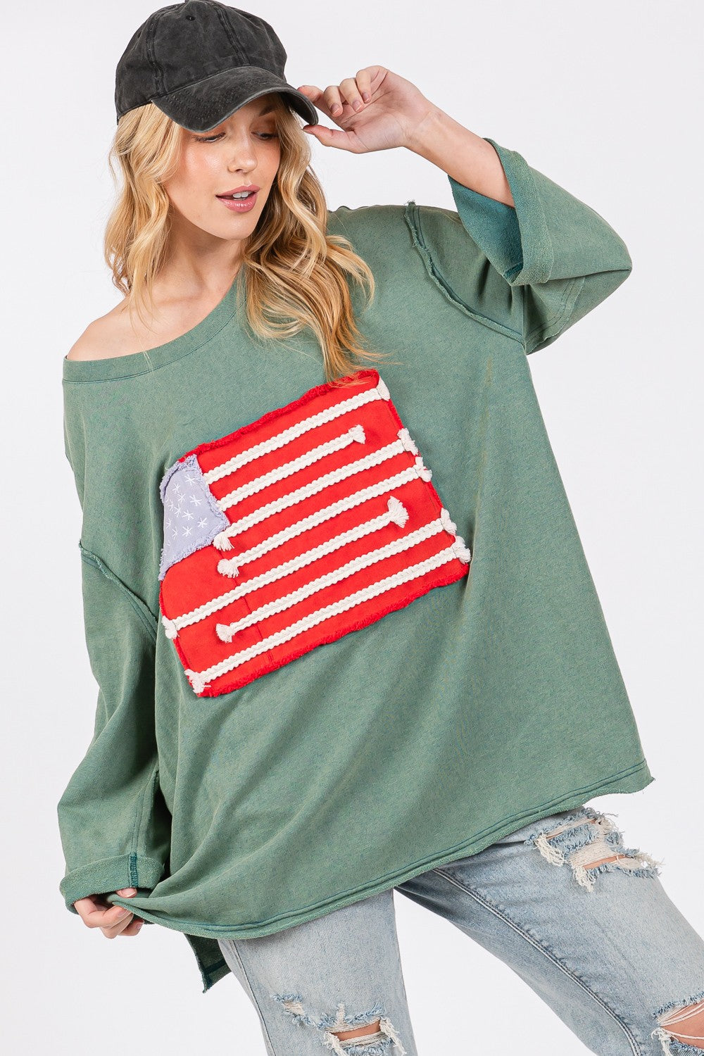 sage + fig full size american flag patch drop shoulder t-shirt
