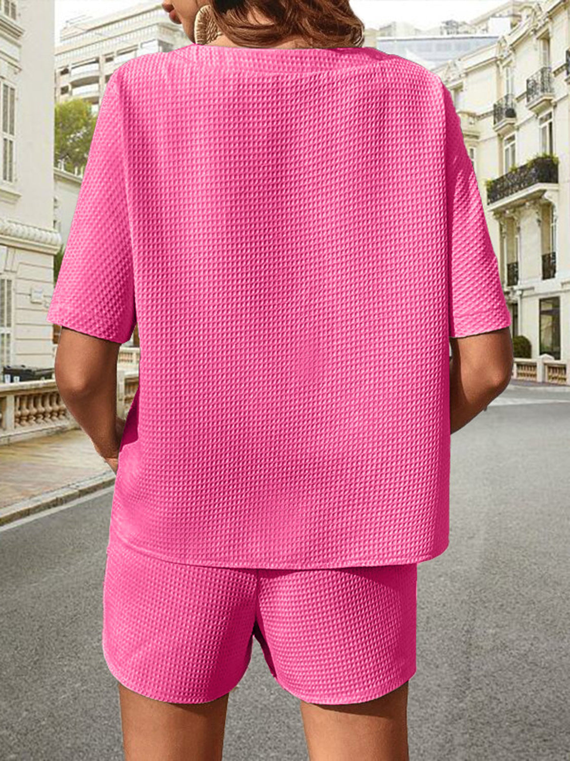 waffle-knit half sleeve top and shorts set