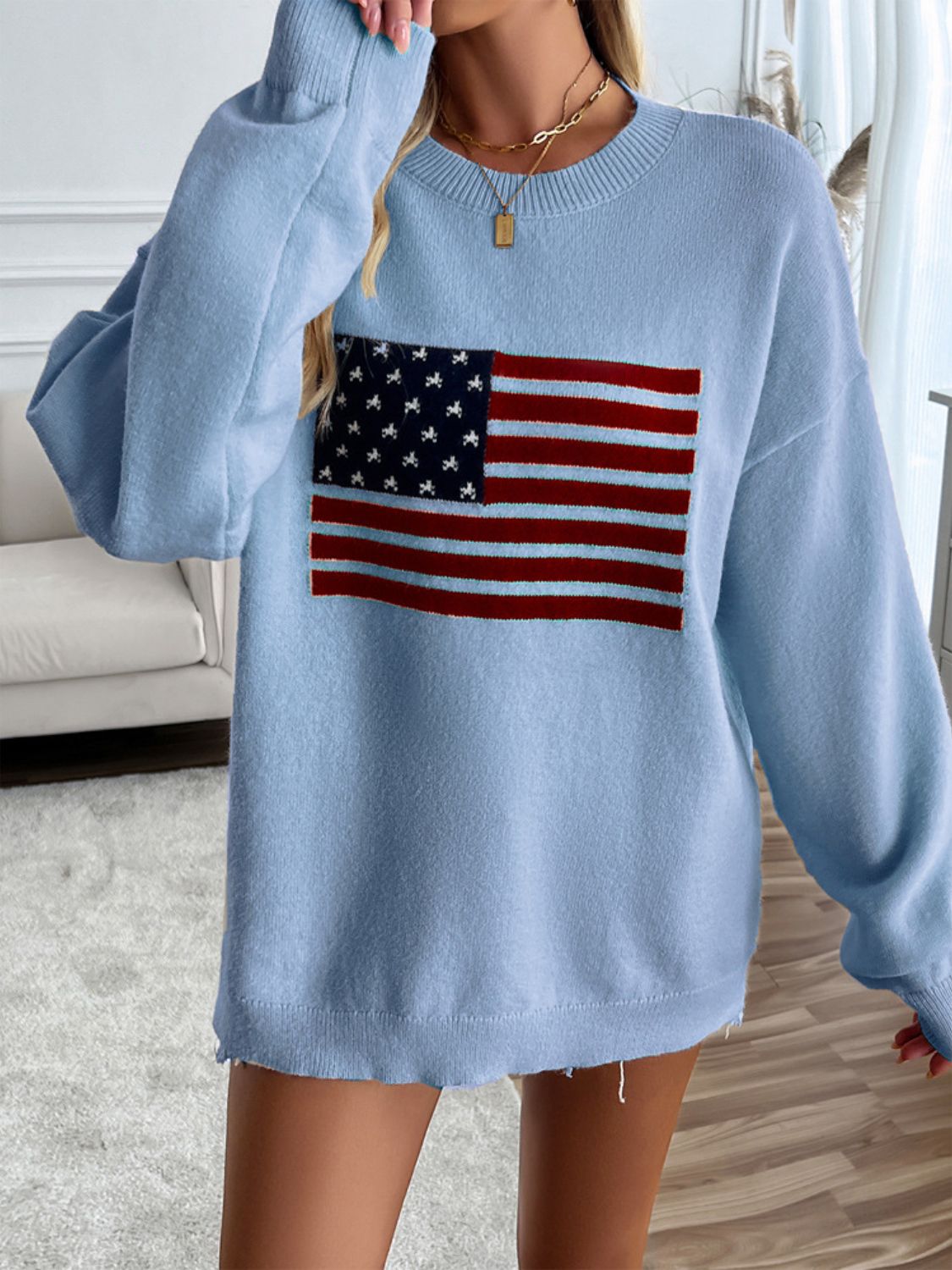 devine us flag round neck long sleeve knit top