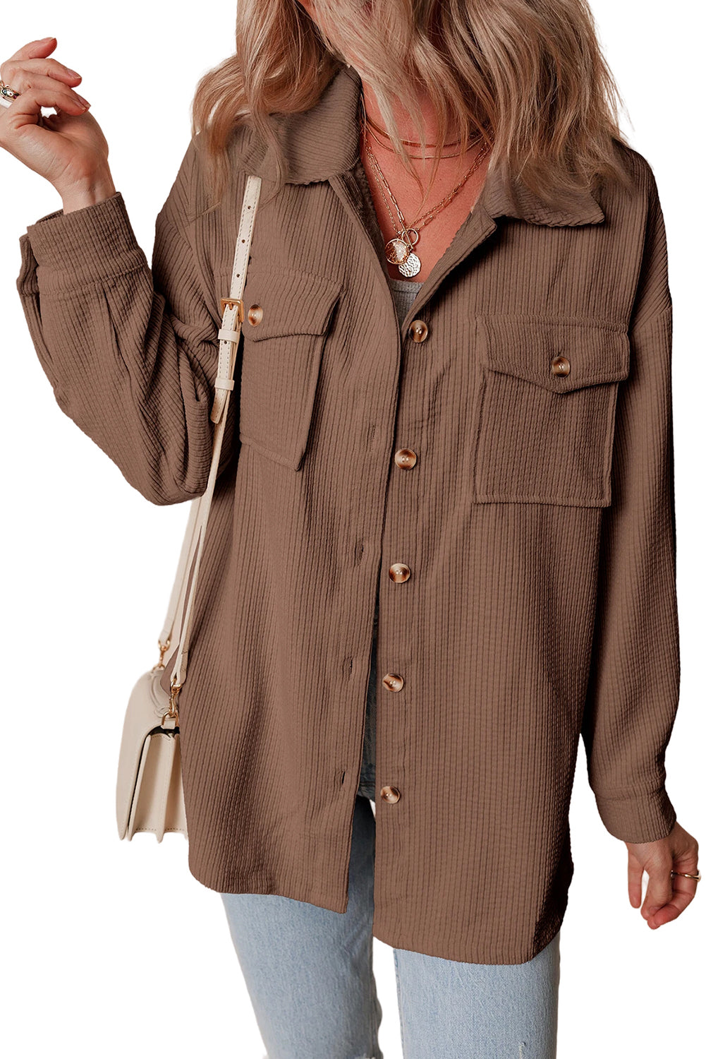 chestnut corduroy flap pocket button up shacket