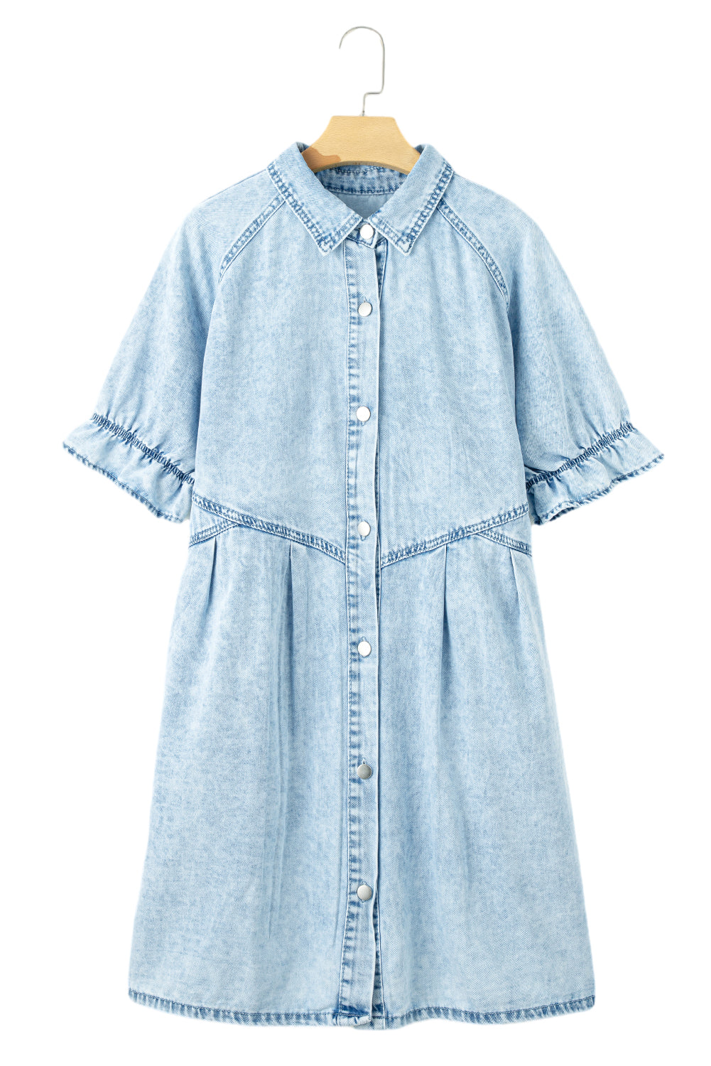 beau blue mineral wash ruffled short sleeve buttoned denim dress