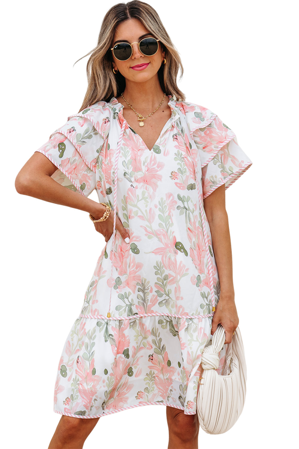 pink floral contrast edge layered short sleeve mini dress