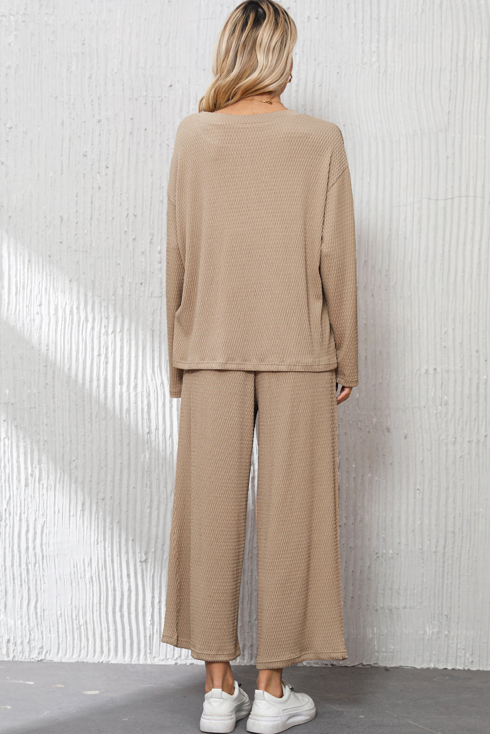 smoke gray loose textured pullover and pants outfit