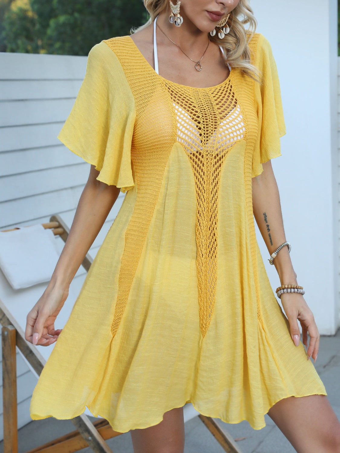 openwork flutter sleeve cover-up dress