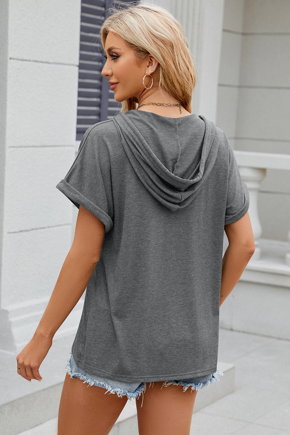 half button drawstring short sleeve hooded t-shirt