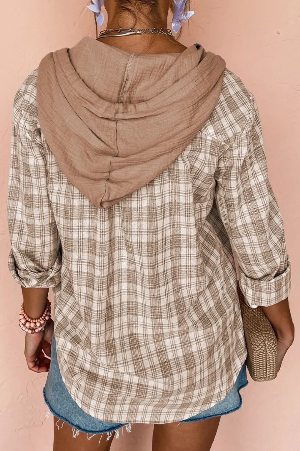 drawstring button up hooded jacket