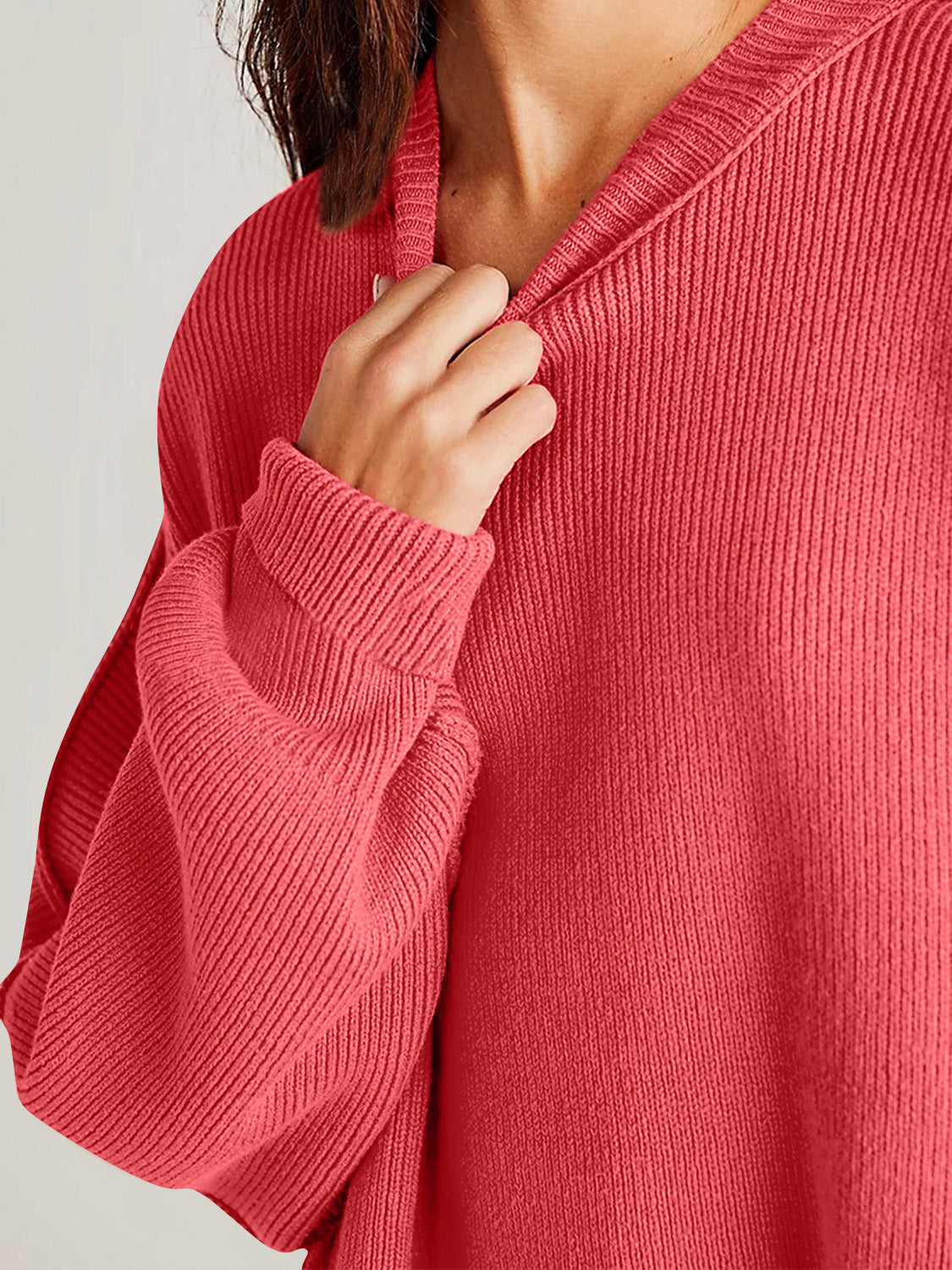 double take side slit round neck long sleeve sweater