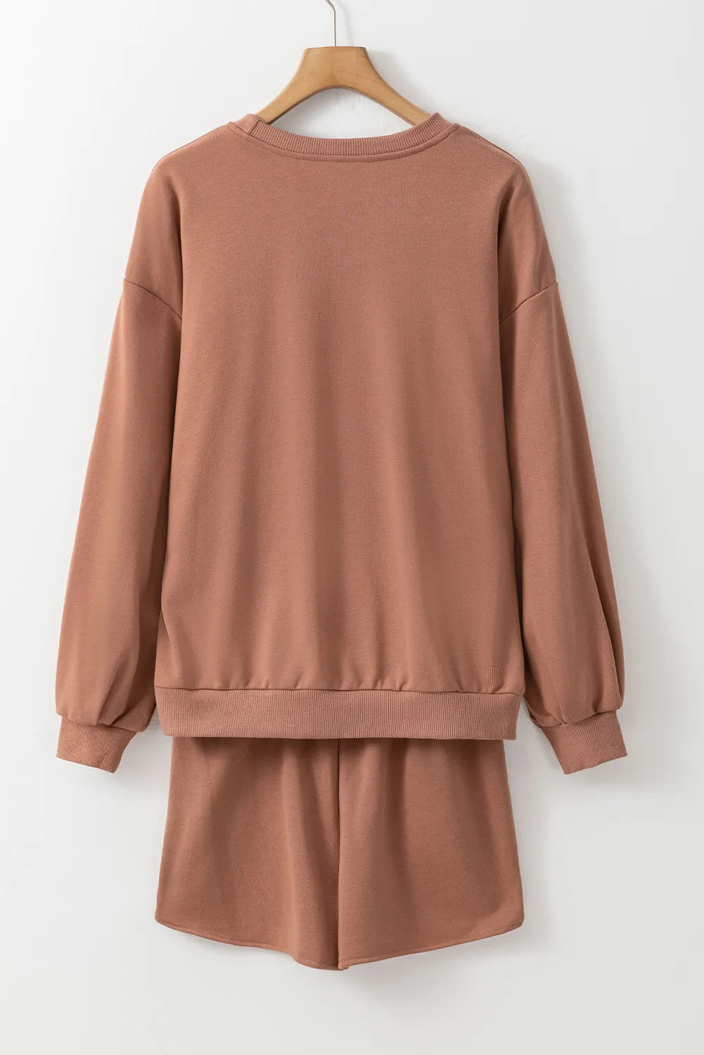 coffee sequin round neck long sleeve top and shorts set