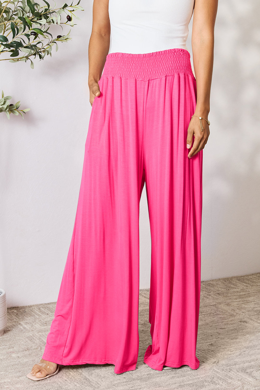 double take full size smocked wide waistband wide leg pants