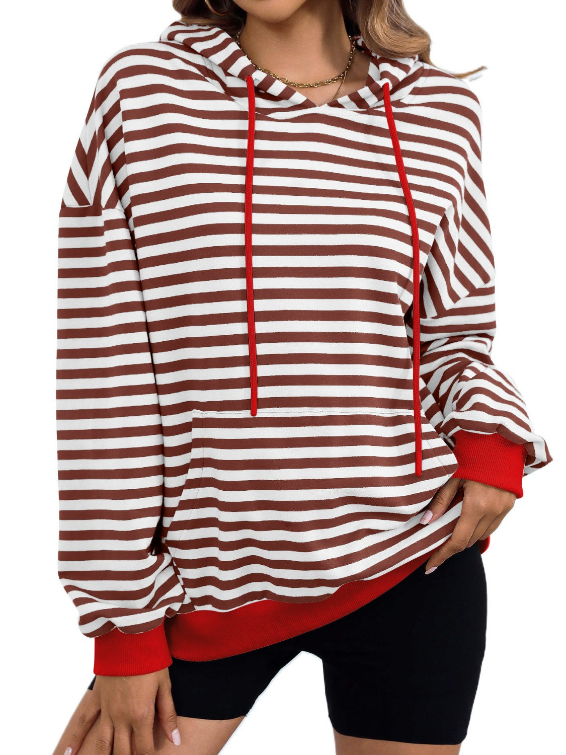 drawstring striped long sleeve hoodie