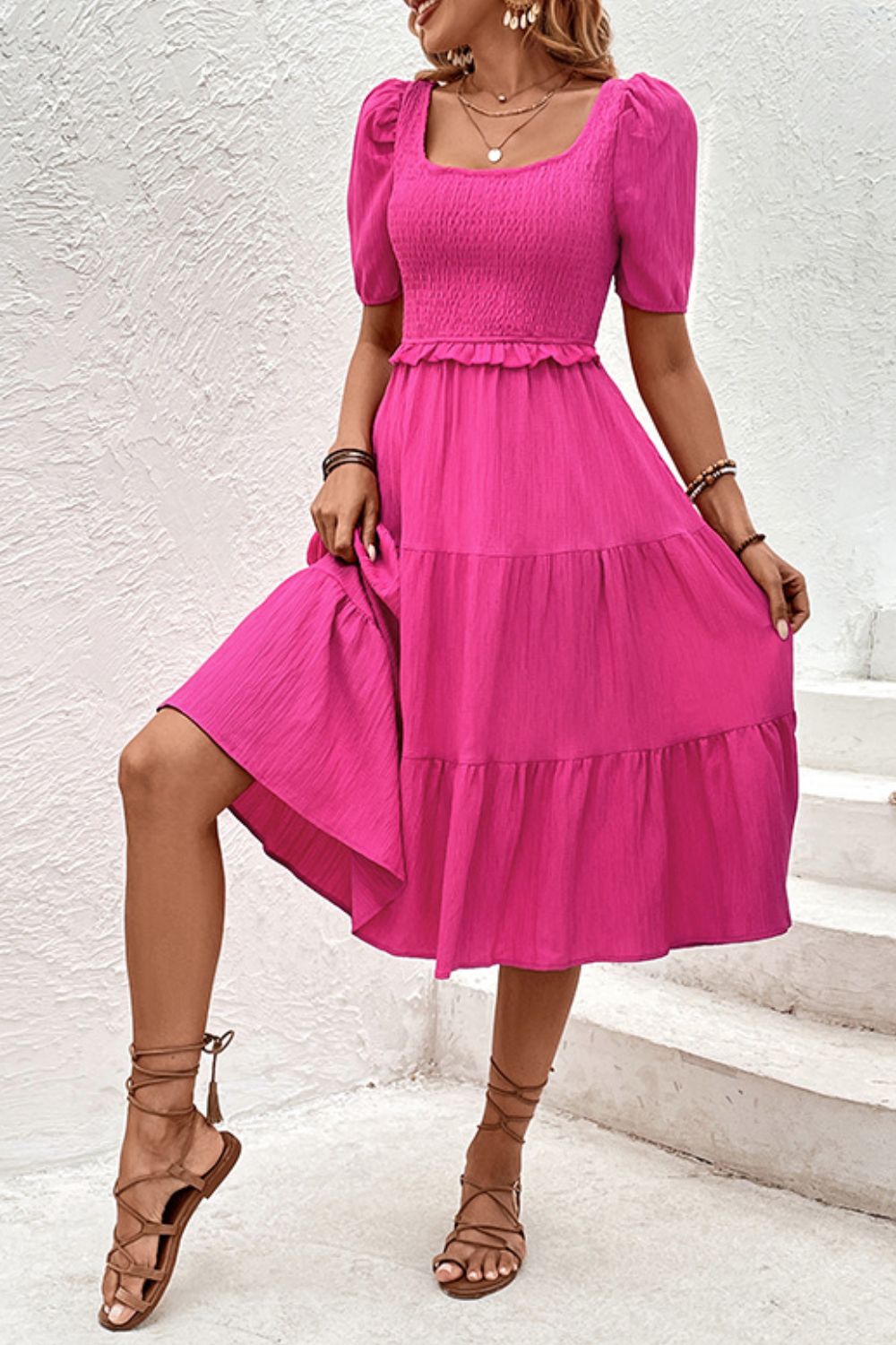 square neck puff sleeve cutout dress