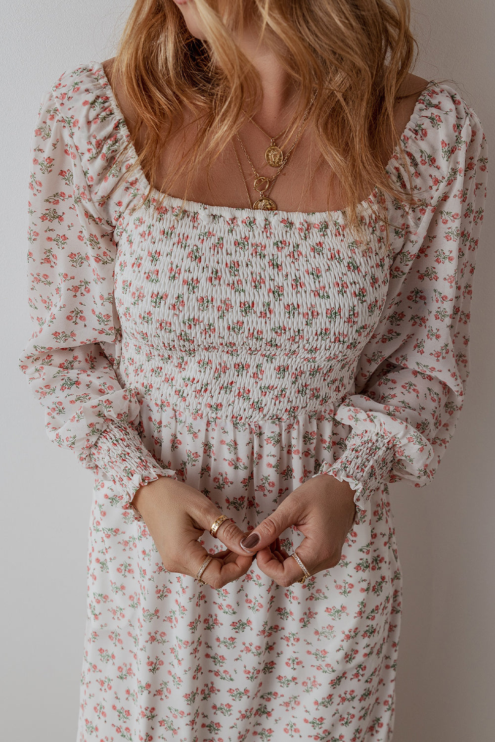white floral print shirred ruffled hem square neck midi dress