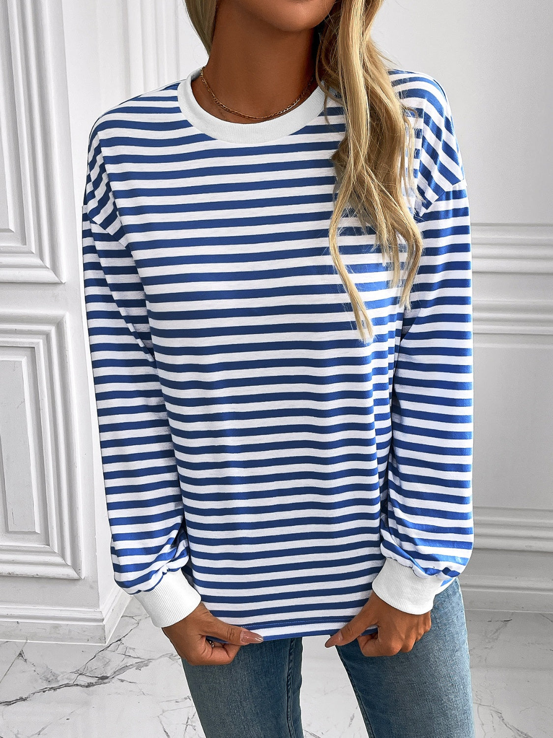 ivy lane striped round neck long sleeve sweatshirt