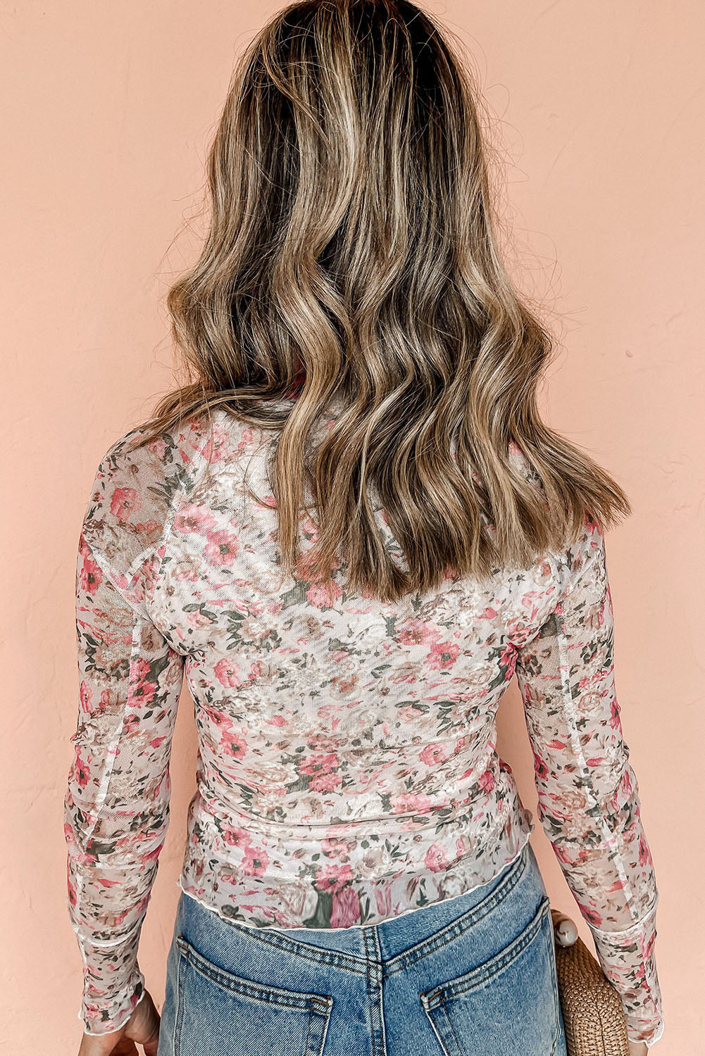 pink floral long sleeve high neck sheath mesh top