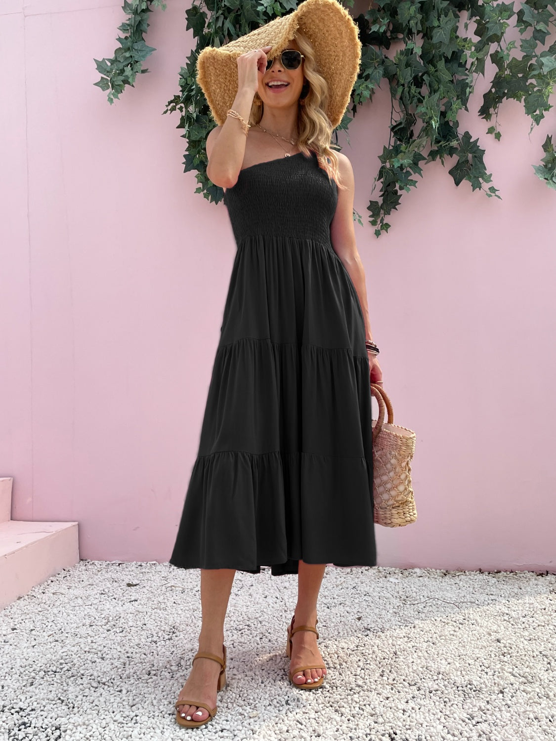 smocked single shoulder sleeveless dress