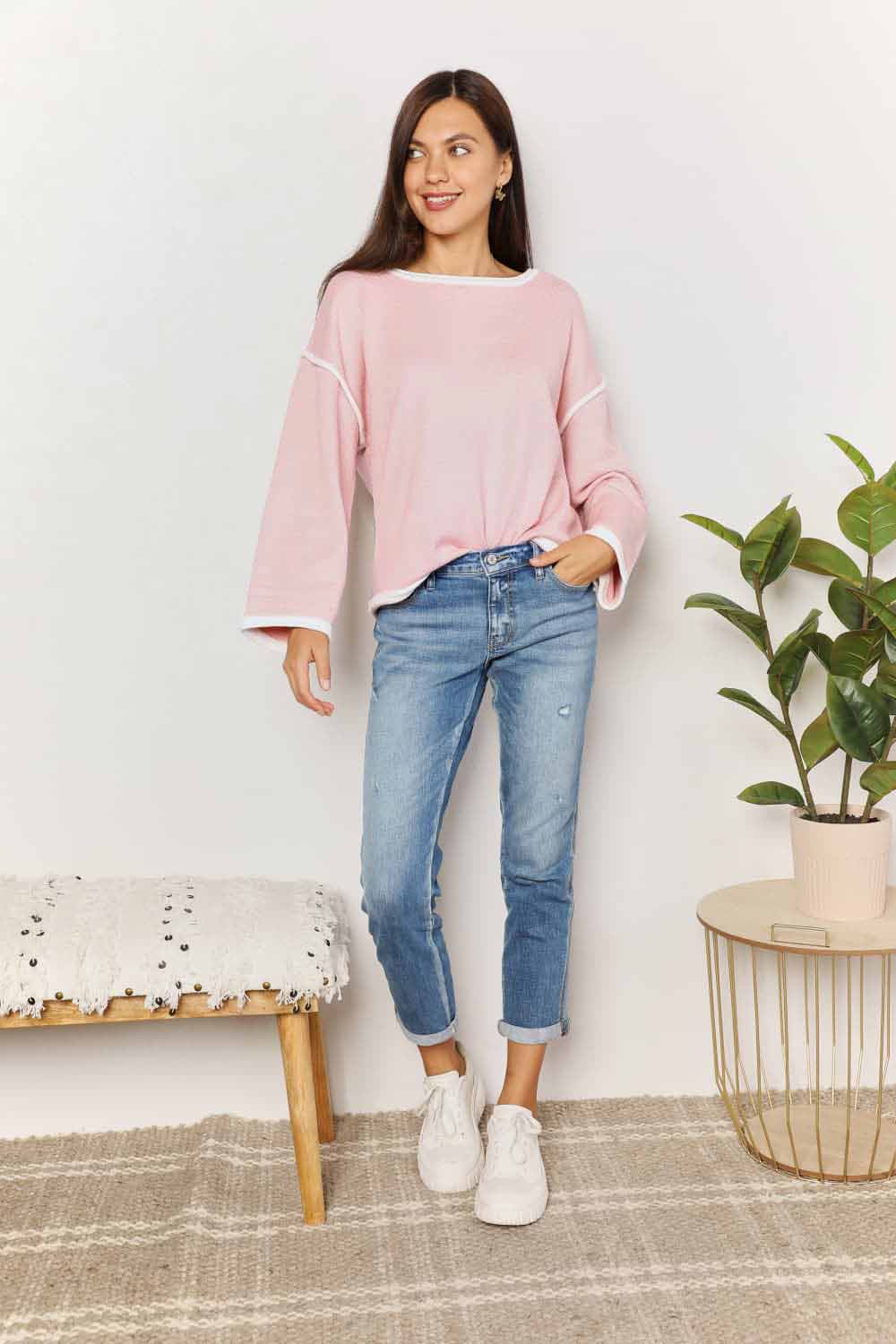 contrast detail dropped shoulder knit top