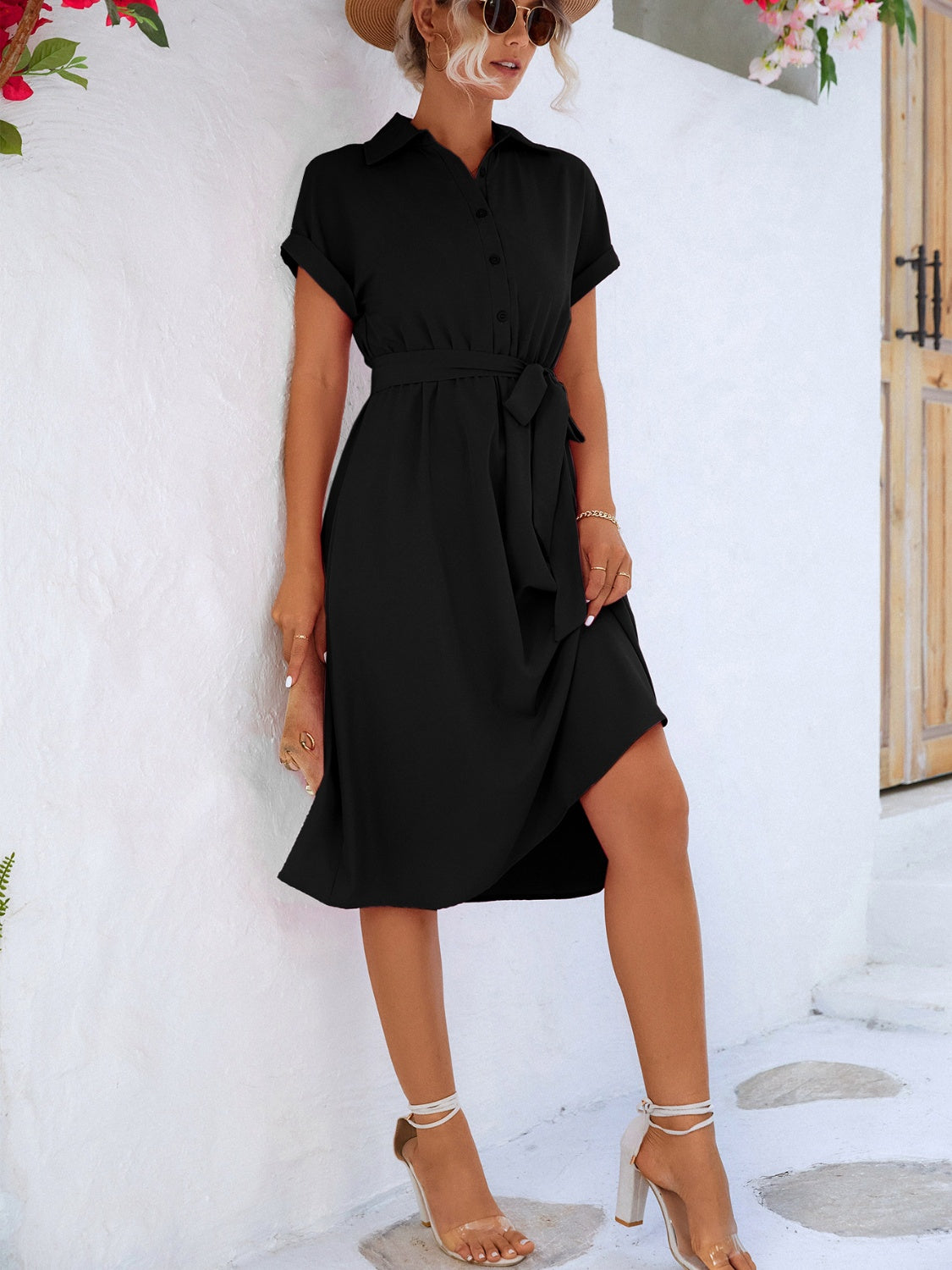 buttoned tie waist short sleeve dress