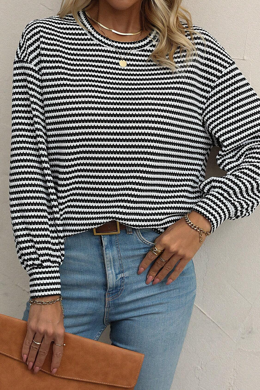 black stripe round neck drop shoulder long sleeve top