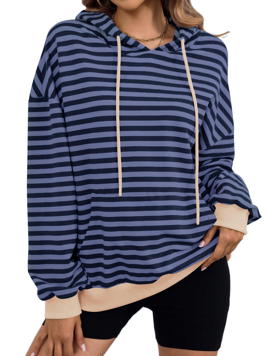 drawstring striped long sleeve hoodie