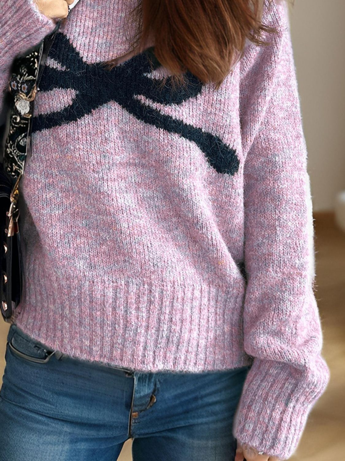 bow round neck long sleeve sweater