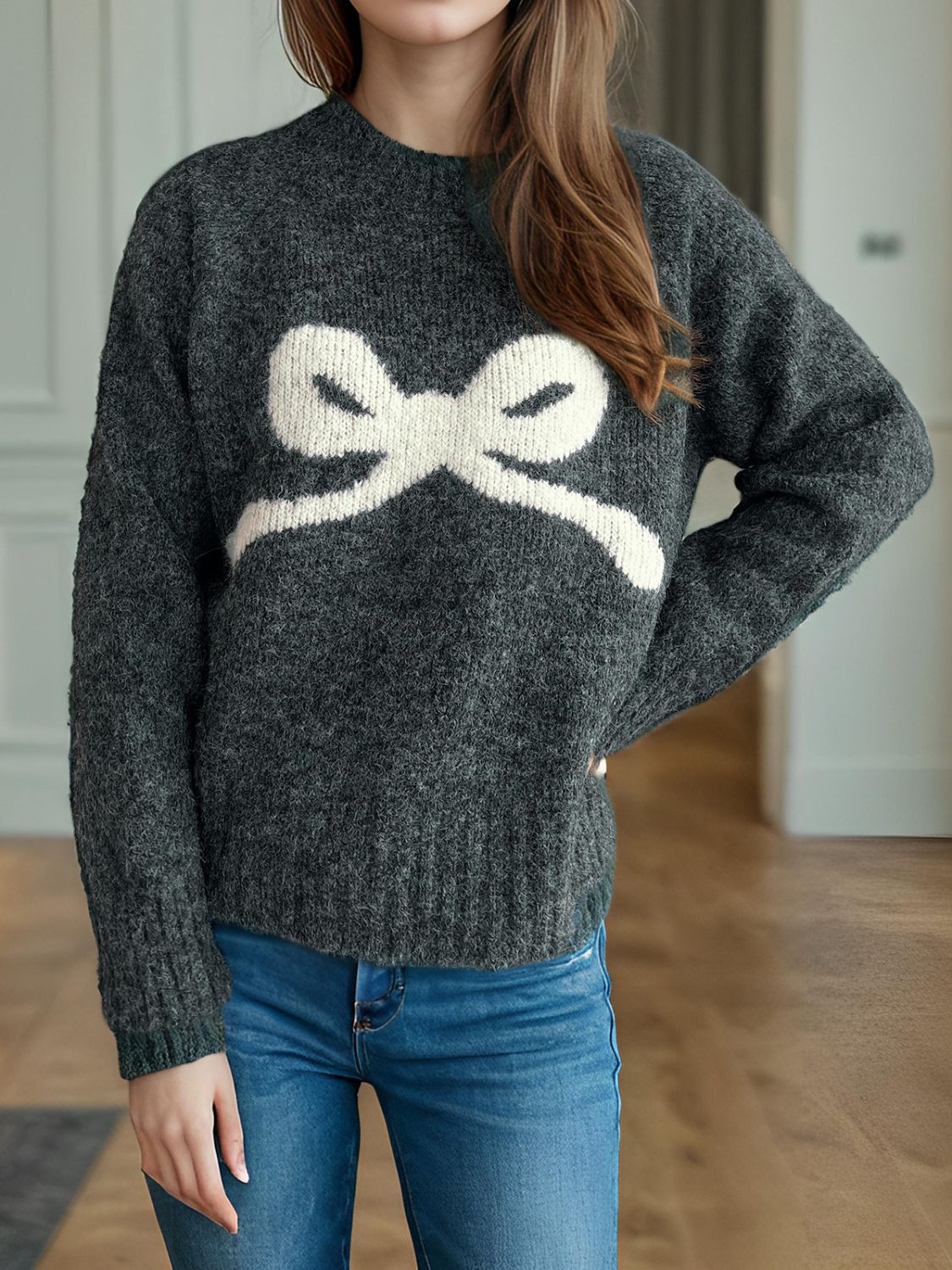 bow round neck long sleeve sweater
