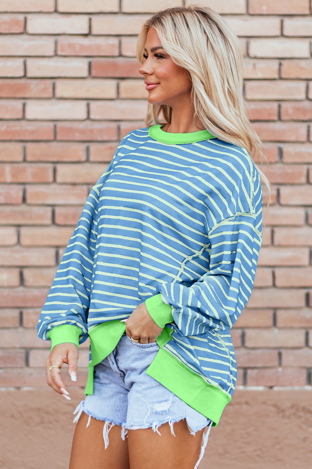 high-low striped long sleeve sweatshirt