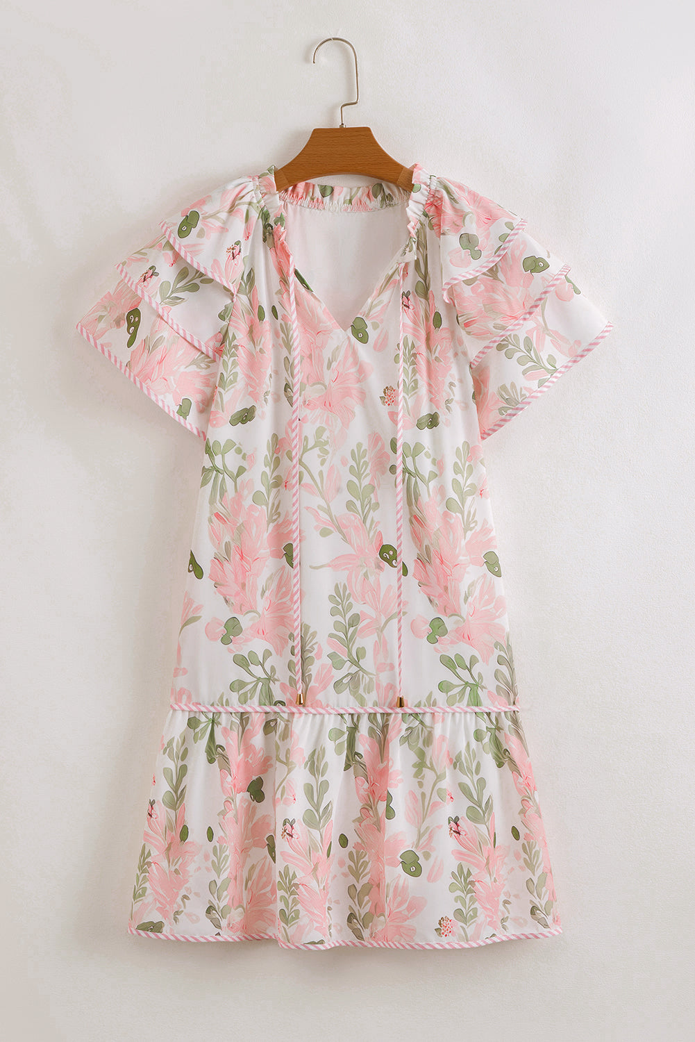 pink floral contrast edge layered short sleeve mini dress