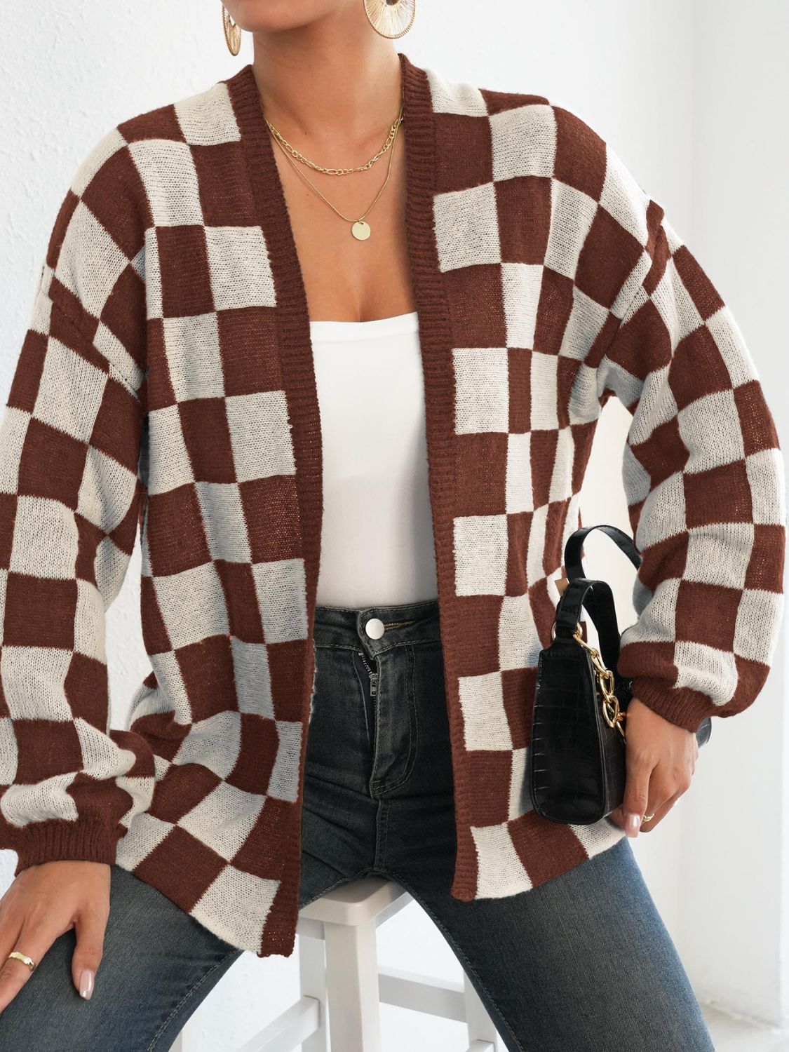 checkered open front long sleeve cardigan