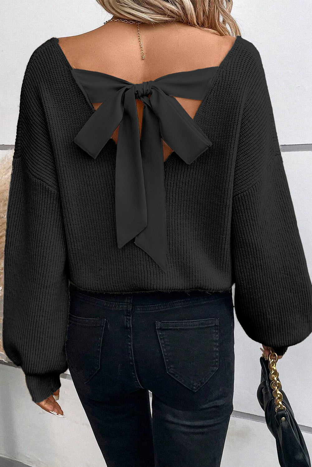 black lantern sleeve v neck knot back sweater