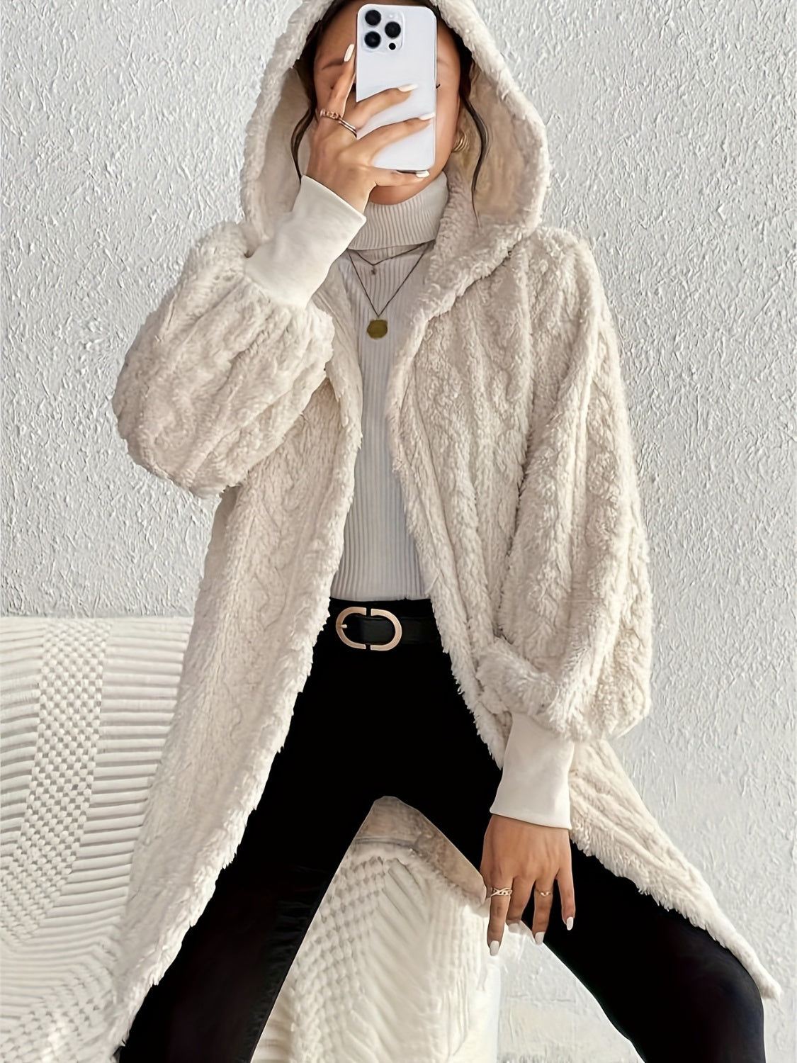 open front long sleeve fuzzy hooded jacket