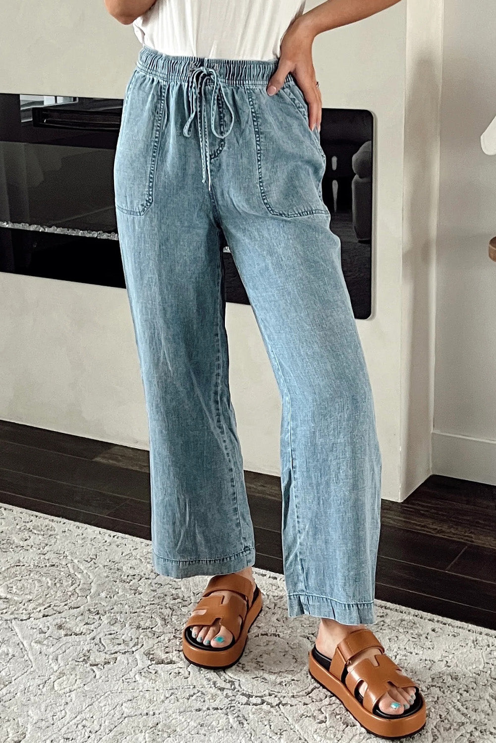 myosotis mineral wash drawstring waist loose straight denim pants