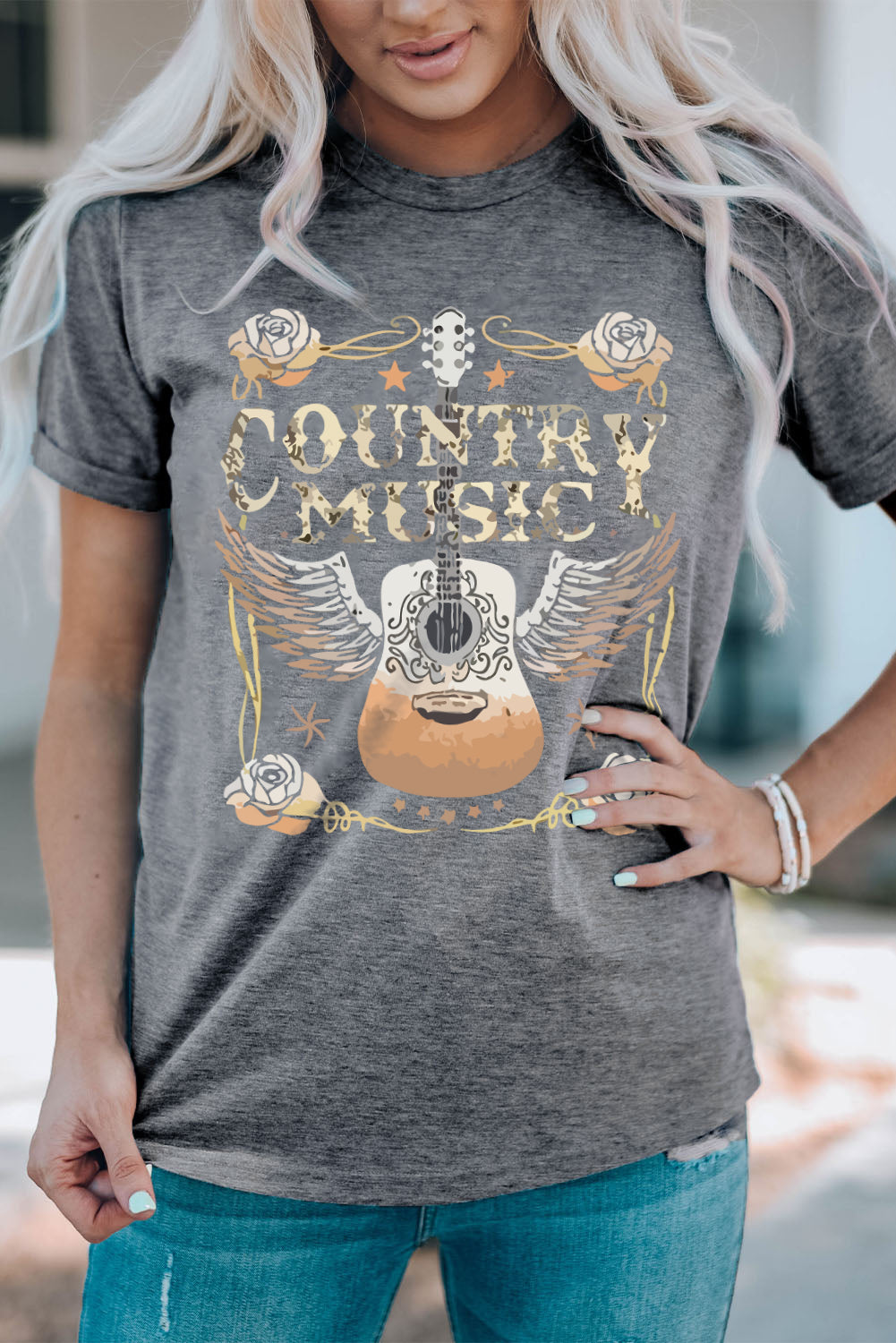 gray country music guitar graphic print crew neck t shirt