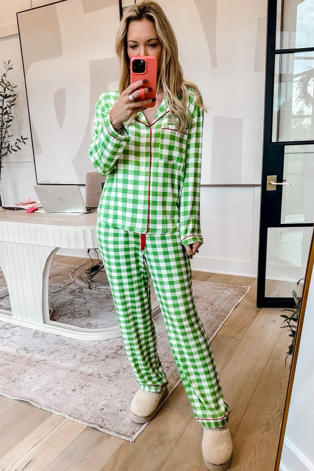 light green christmas plaid print shirt and pants pajama set
