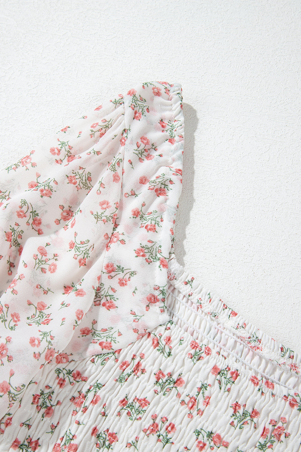 white floral print shirred ruffled hem square neck midi dress