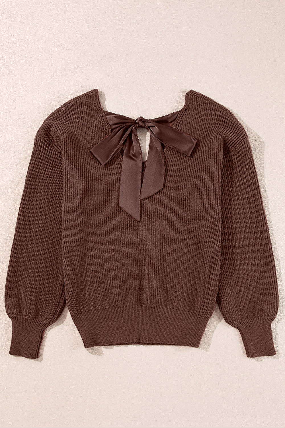 coffee lantern sleeve v neck knot back sweater