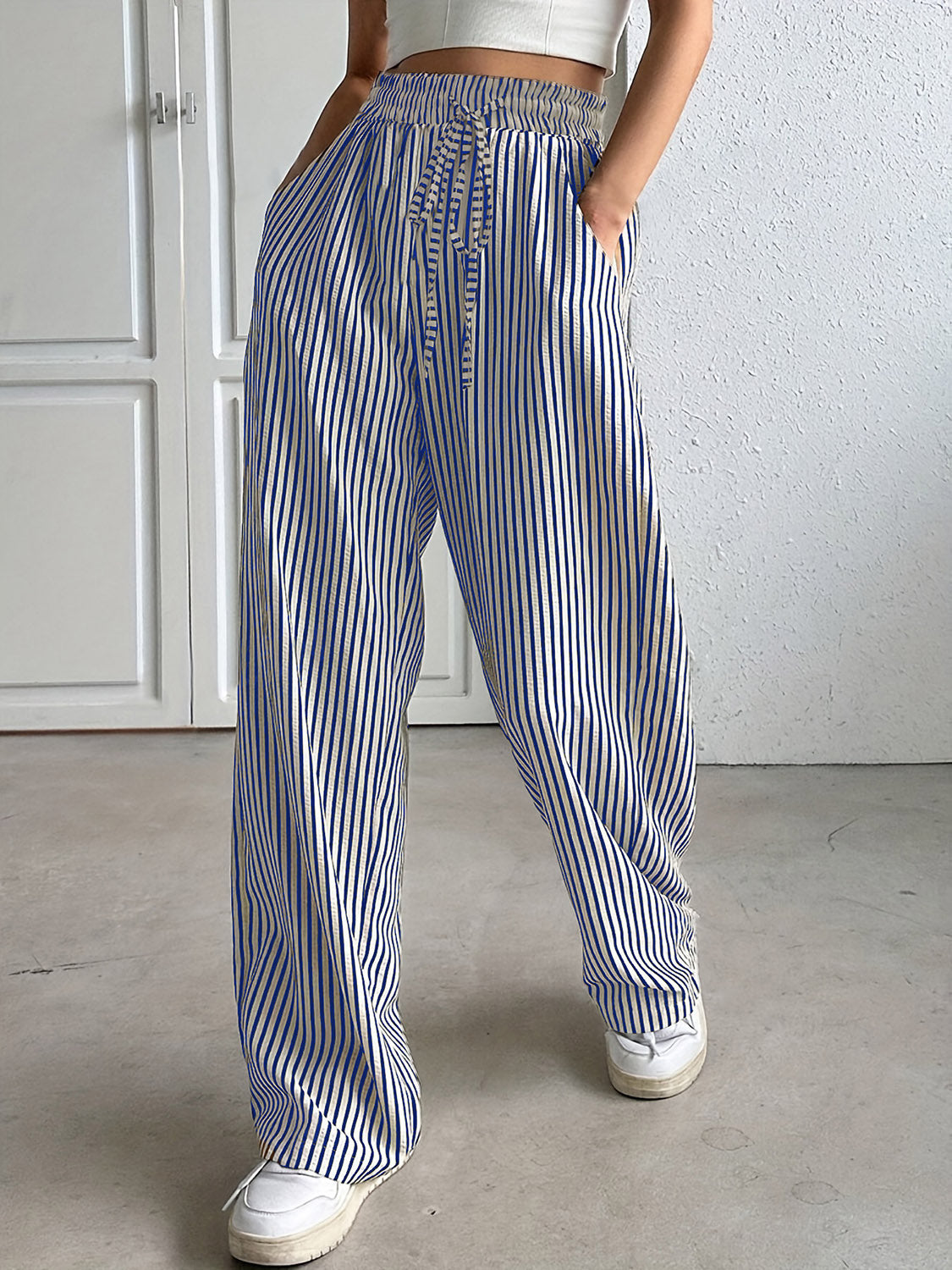 drawstring striped elastic waist pants