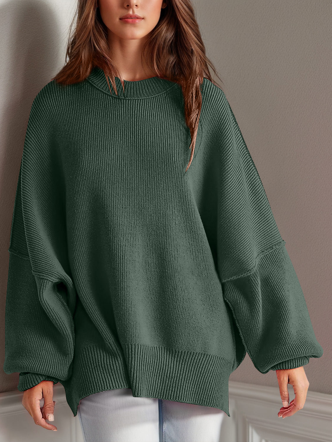 double take side slit round neck long sleeve sweater