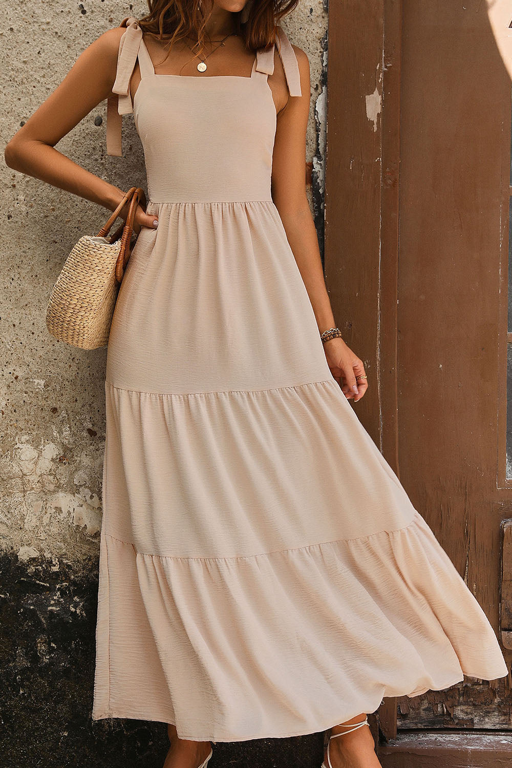 tie shoulder smocked tiered dress